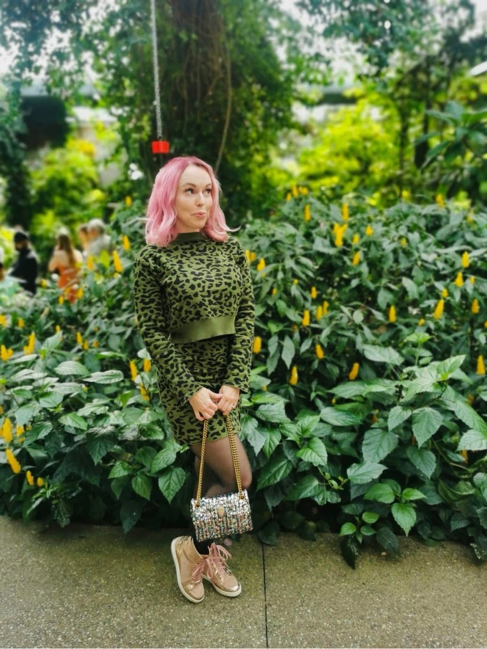 Green & Black Leopard Knit Crop Sweater + Skirt Set